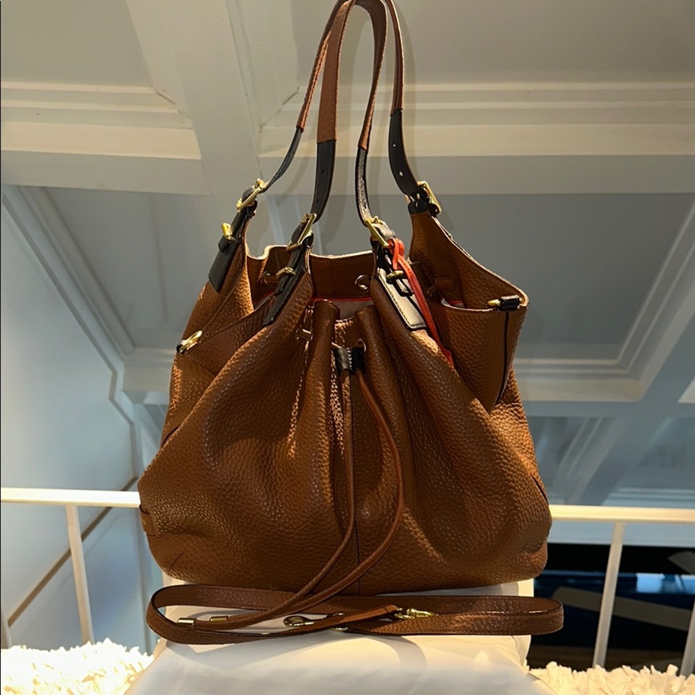 Coach Brown Leather Shoulder Bag with Drawstring Closure